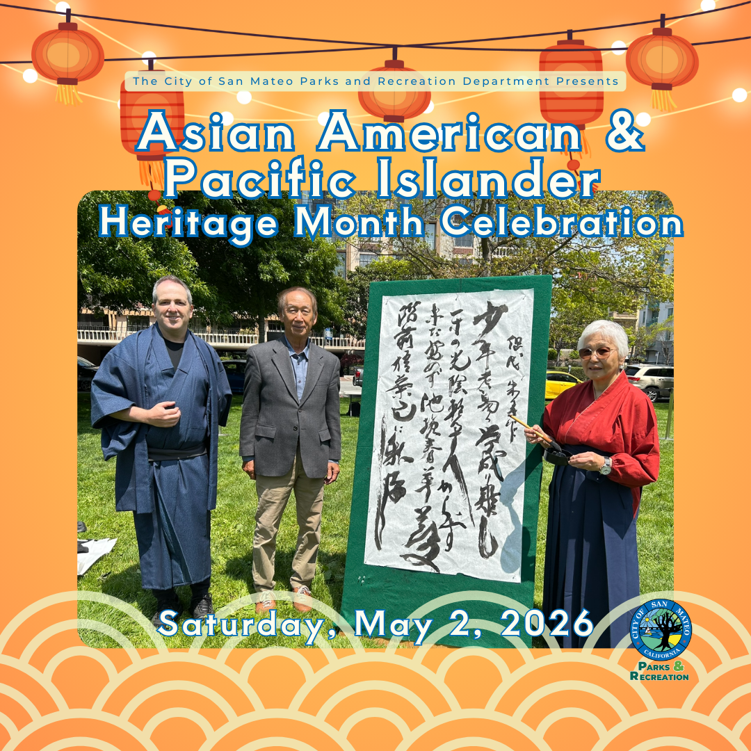  Three adults in front of a calligraphy poster, AAPI Heritage Celebration Saturday May 2, 2026