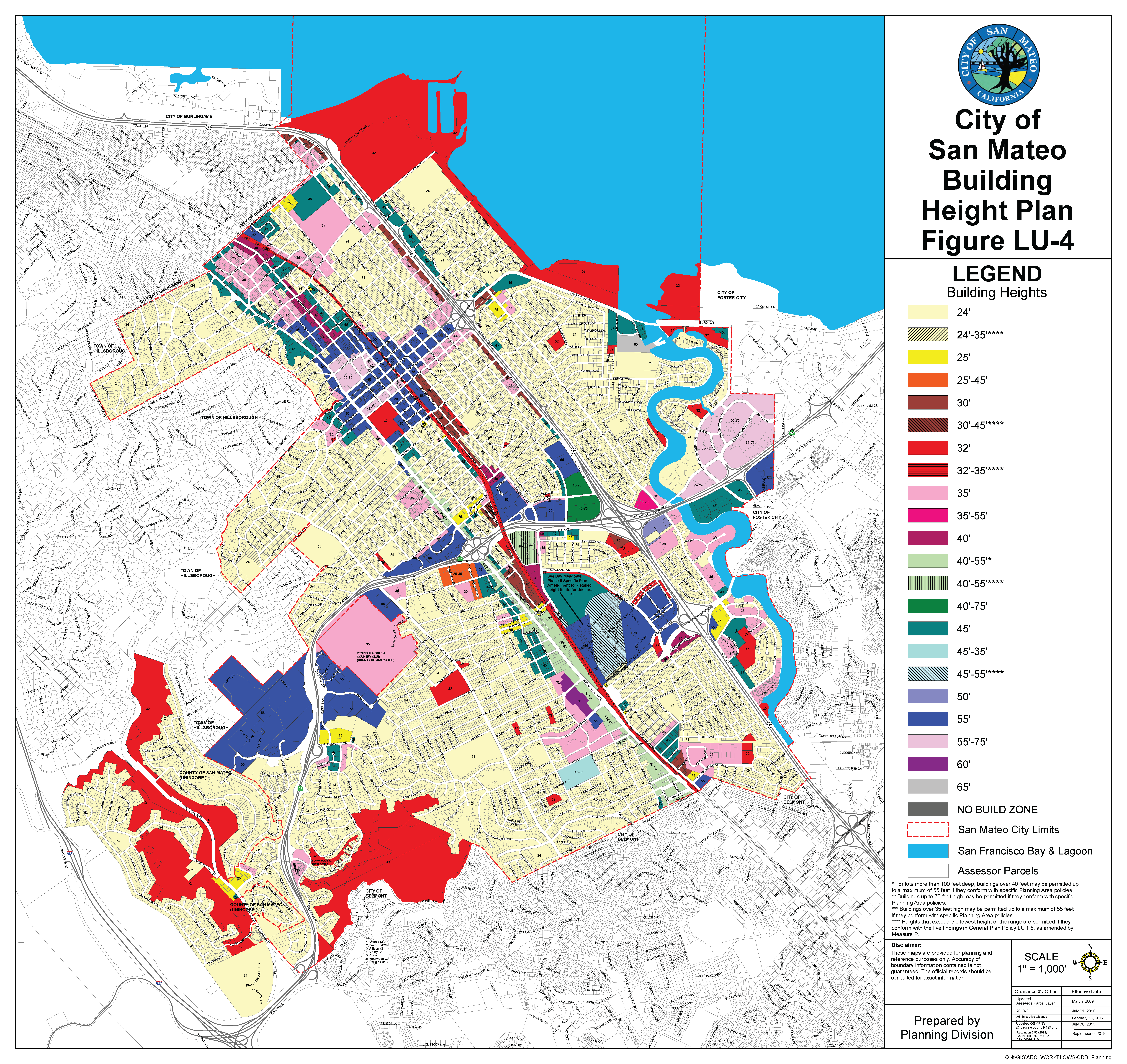 Map to identify the maximum building heights in the City of San Mateo while Measure Y is in effect